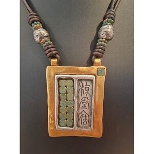 Chicos Pendant Necklace Leather Cord Chunky Boho Tablet Style Accent Beads